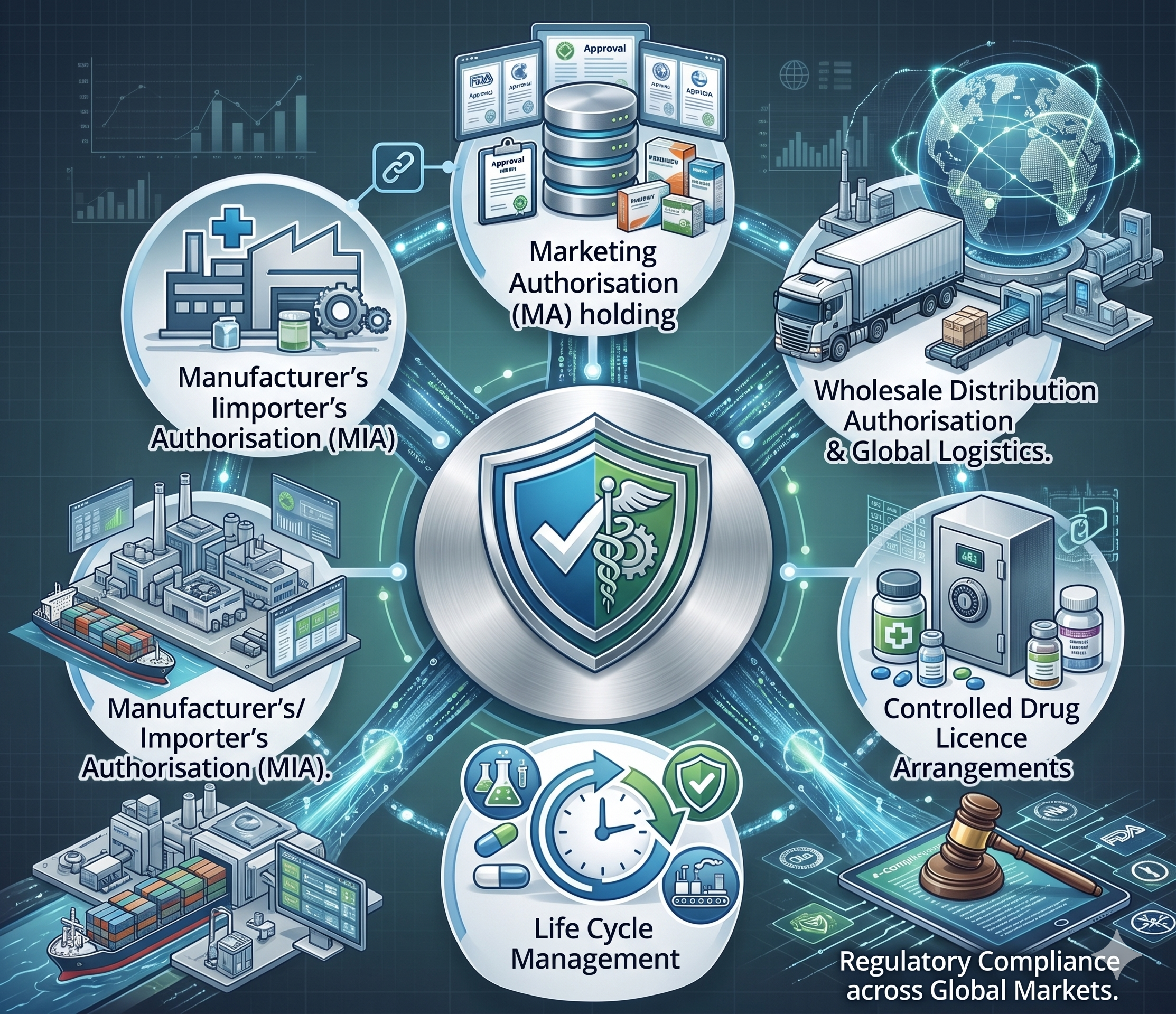 Marketing Authorisation, MIA, WDA, controlled-drug licensing, lifecycle management, and regulatory compliance across global markets